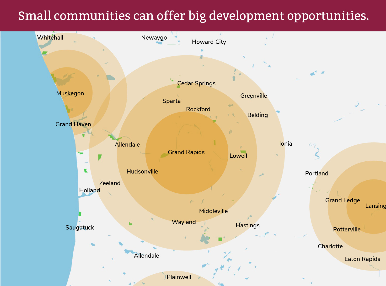 West Michigan map with featuring communities with development potential